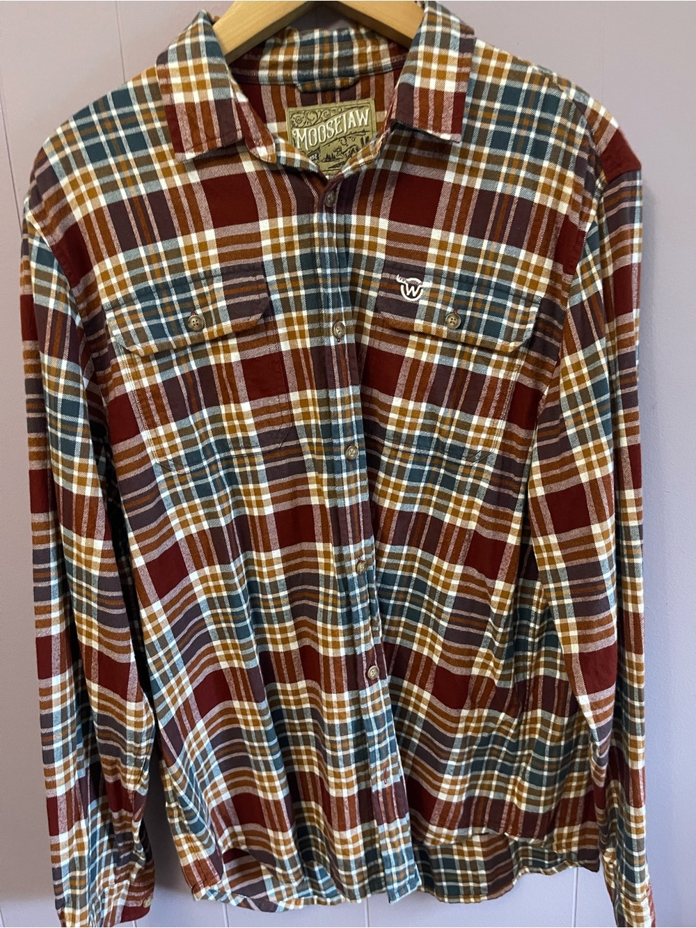 Moosejaw Men's Burgundy Plaid Button-Down Shirt with Blue and Tan Accents